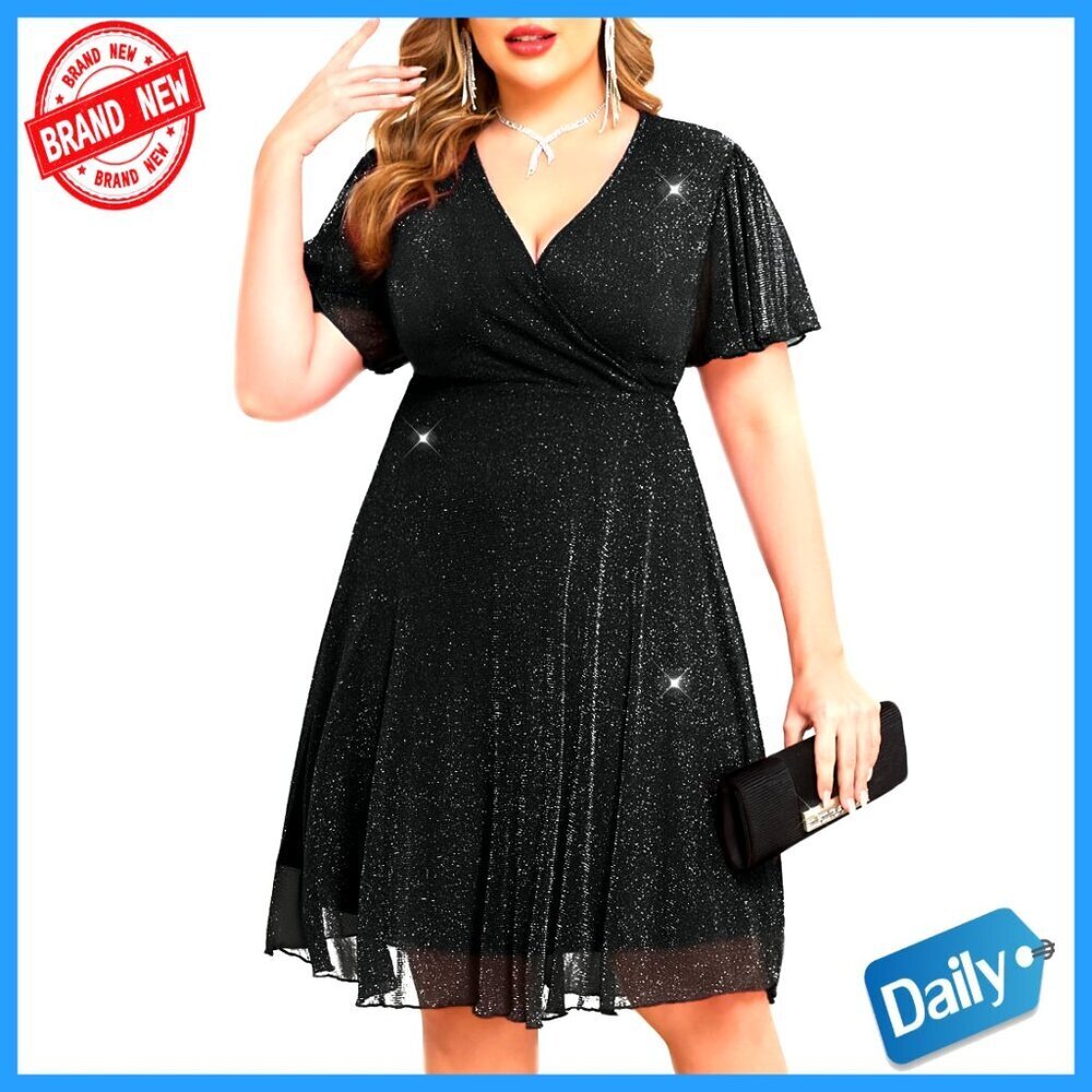 Sparkly Mesh A-Line Dress Ruffle Sleeve V-Neck Elegant Cocktail Party Wear